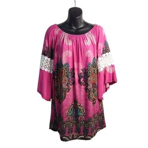 Win Win Tunic Women's Multicolor Paisley Print Lace Flare Sleeve Tunic Size L/XL